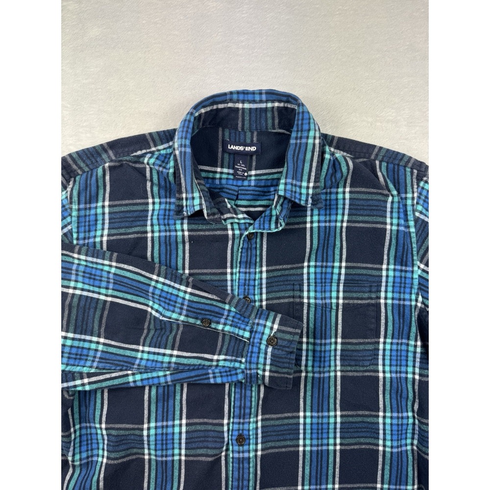 Lands End Mens Traditional fit Blue Aqua Plaid Button Front Flannel Shirt Size L